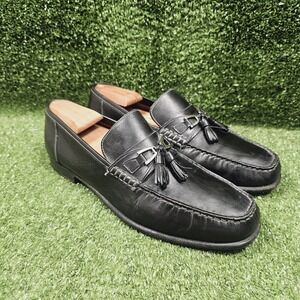 Santoni Black Leather Slip On Tassel Loafer Dress Shoes‎ ITALY Mens Size 10 D